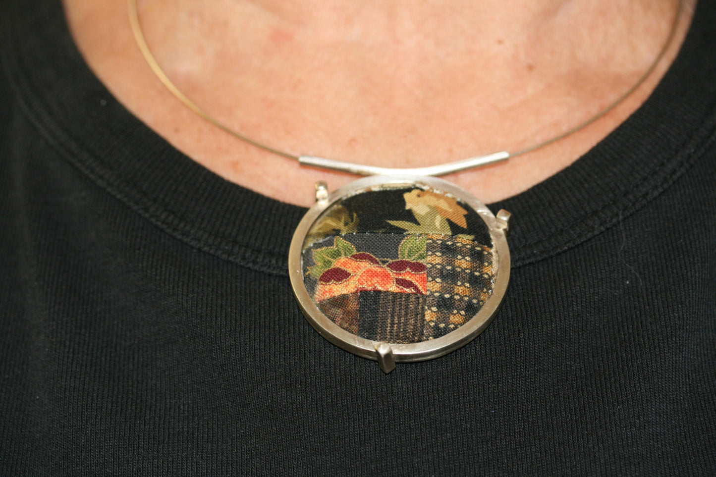 Handmade Quilt Square Sterling Silver Pendant on Neckring