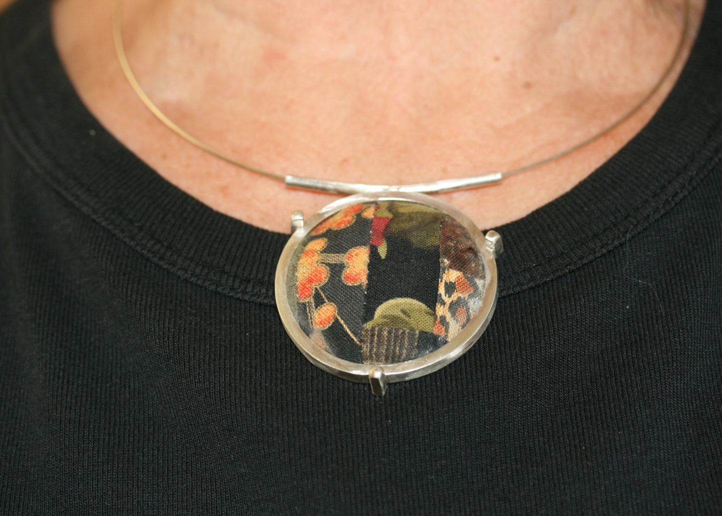 One of a Kind Pattern Handmade Quilt Square Sterling Silver Pendant on Neckring